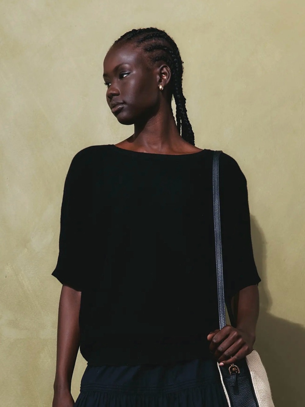 Quince Lightweight Cotton Cashmere Link-Stitch Dolman Sweater Black Small